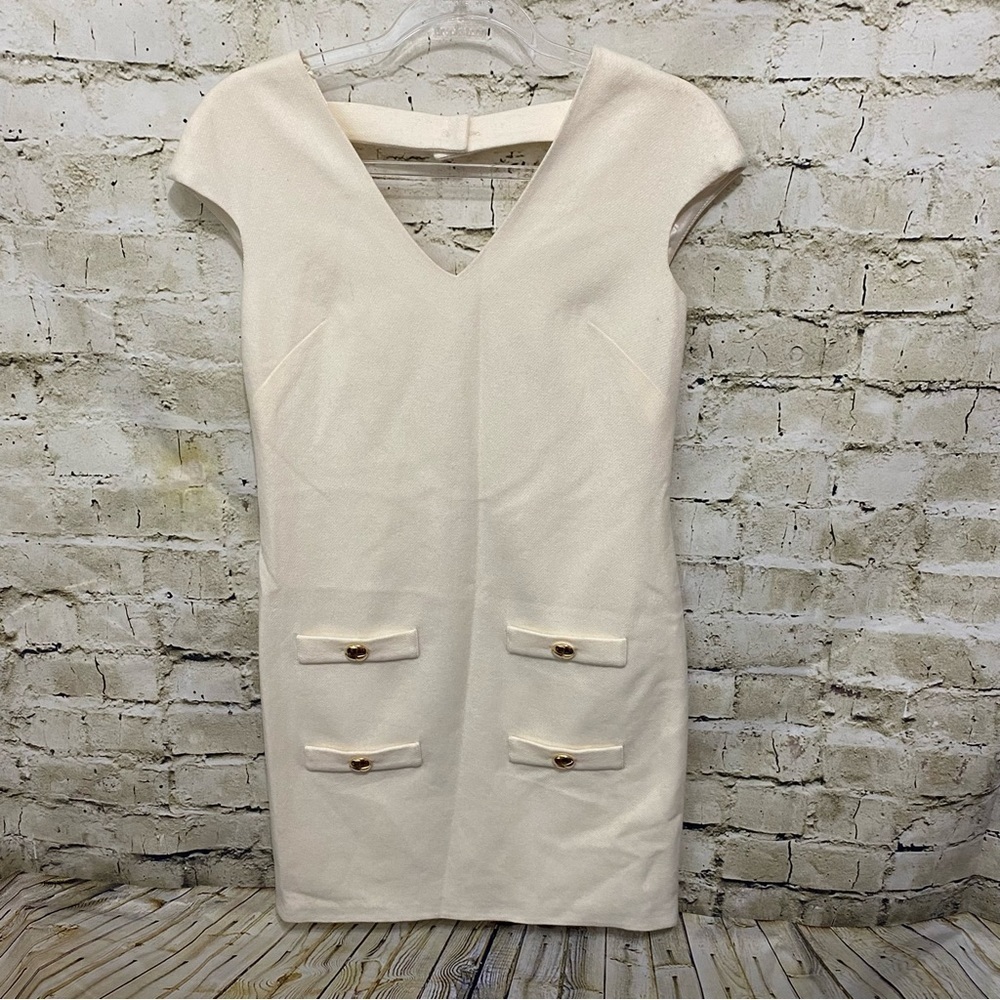 Leona Lauren Leonard Cream Cap Sleeve Wool Sheath Gold Button Dress